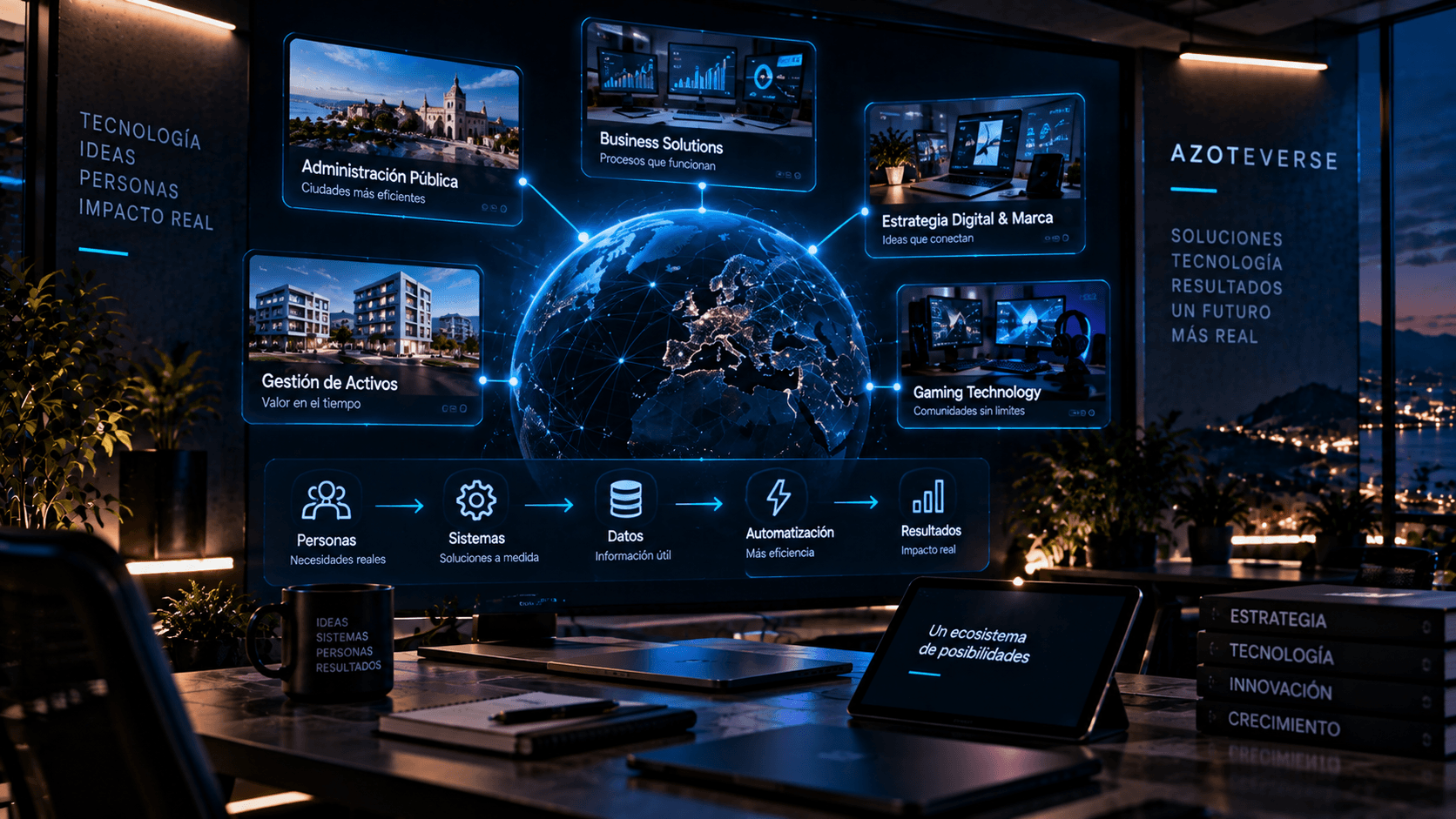 Ecosistema tecnológico de Azoteverse conectado a personas, sistemas y resultados